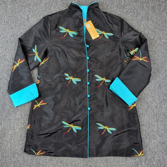 La Cera Y2K Chinoiserie Dragonfly Jacket Large Black Turquoise Frog Button NWT — photo 2